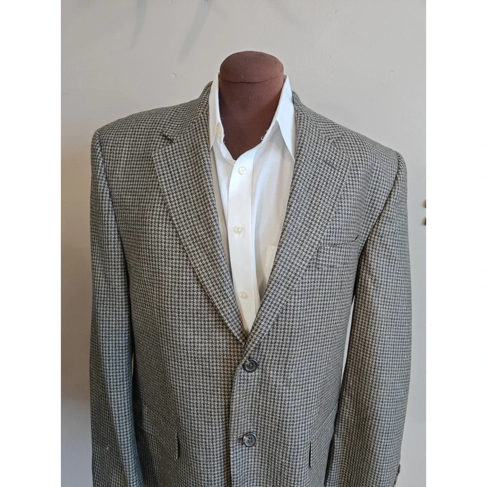 Chaps Mens Lambswool Sport Coat Blazer 42R Gray Houndstooth 2 Button Tweed